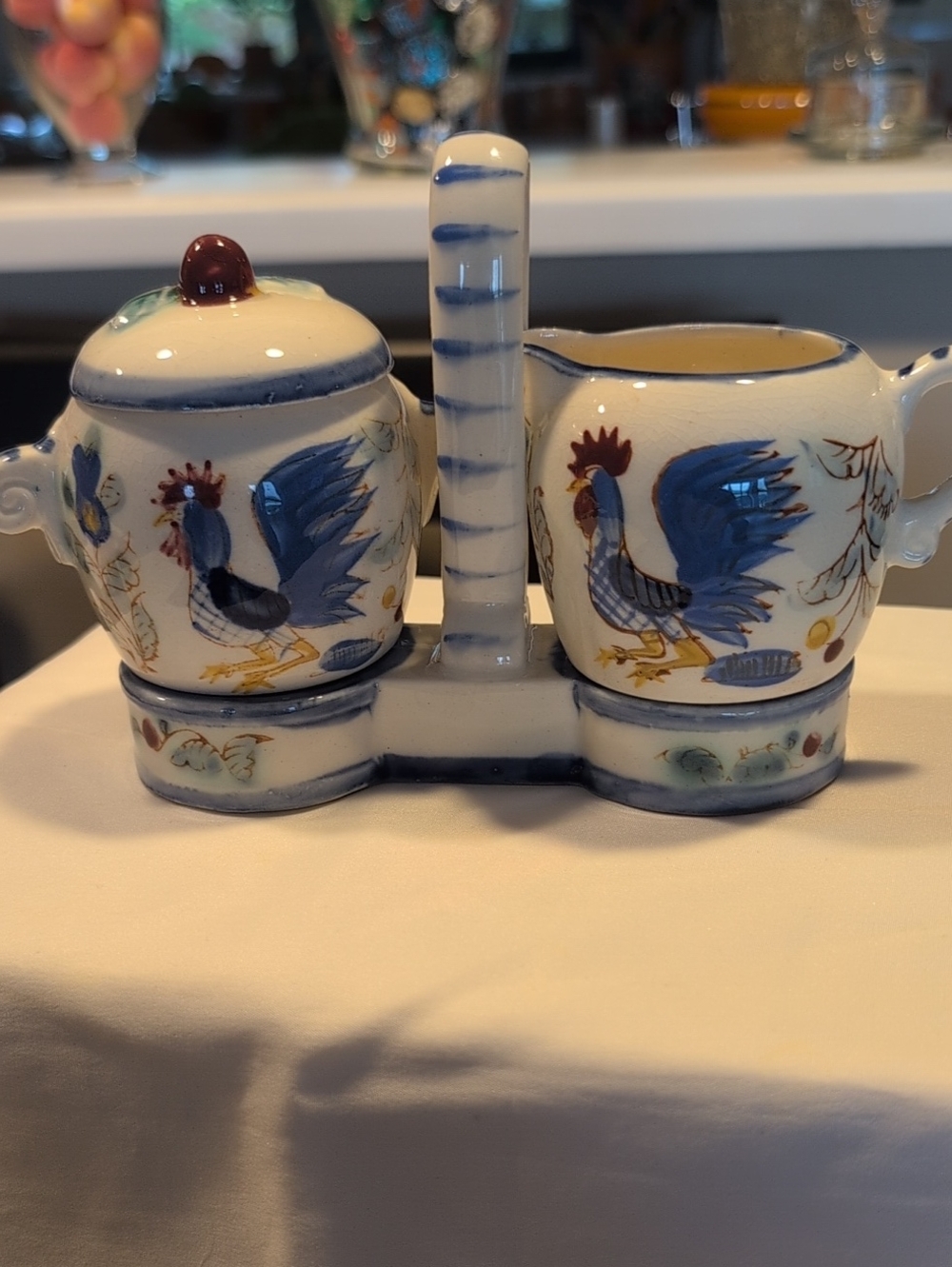 Hand-Painted Rooster Ceramic Sugar & Creamer Set in Blue and White